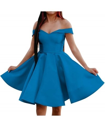 Off Shoulder Homecoming Dresses for Teens A Line Short Prom Dresses Satin Cocktail Party Gowns with Pockets Light Blue $32.39...