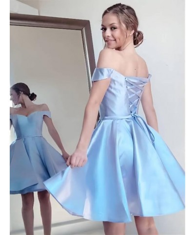 Off Shoulder Homecoming Dresses for Teens A Line Short Prom Dresses Satin Cocktail Party Gowns with Pockets Light Blue $32.39...