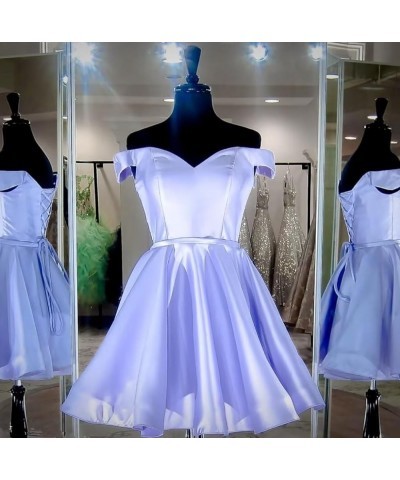 Off Shoulder Homecoming Dresses for Teens A Line Short Prom Dresses Satin Cocktail Party Gowns with Pockets Light Blue $32.39...