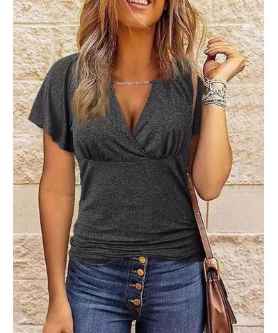 Women's Summer Hollow Out Chain Ruffled Short Sleeve Blouse Dressy Ruched Wrap Crewneck Shirts Novelty Beach Tops Dark Grey $...