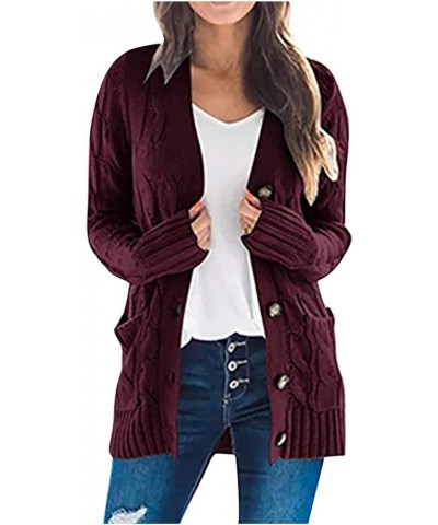 Women's Cable Knit Long Sleeve Cardigans Open Front Button Sweater Solid Lightweight Outwear with Pockets A-wine $8.17 Sweaters