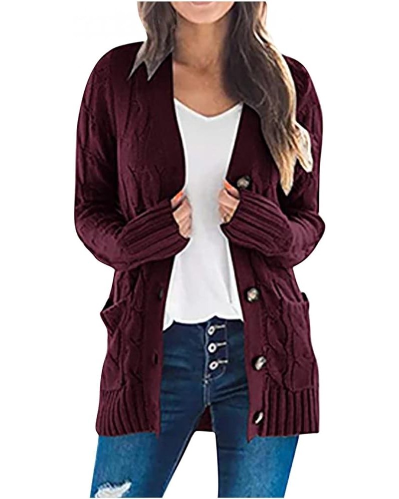 Women's Cable Knit Long Sleeve Cardigans Open Front Button Sweater Solid Lightweight Outwear with Pockets A-wine $8.17 Sweaters