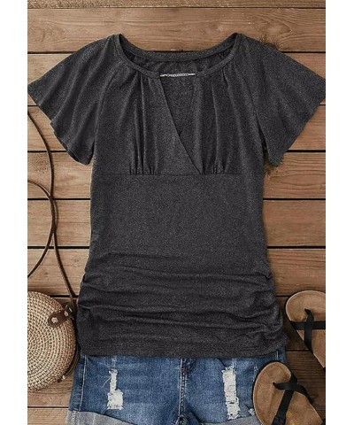 Women's Summer Hollow Out Chain Ruffled Short Sleeve Blouse Dressy Ruched Wrap Crewneck Shirts Novelty Beach Tops Dark Grey $...