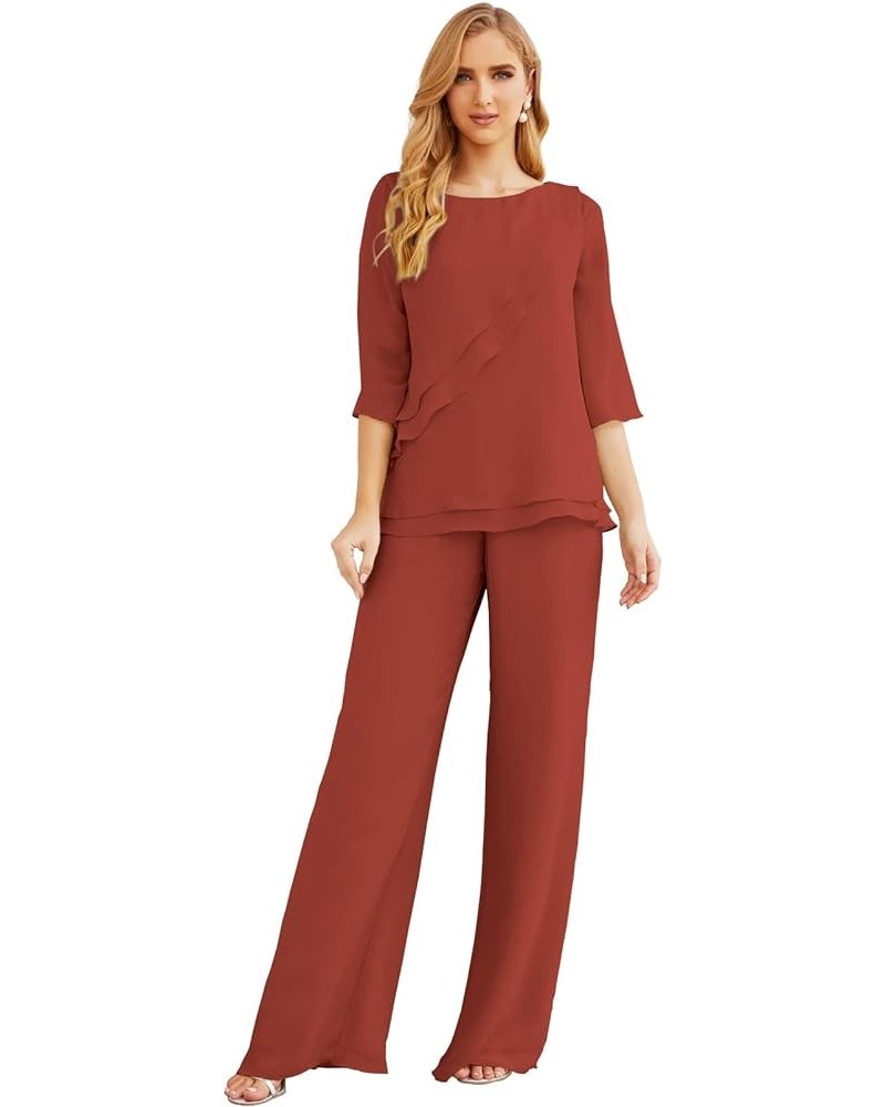 Chiffon Mother of The Bride Dress Plus Size Pant Suits Ruffle Layers Rust Red $37.50 Suits