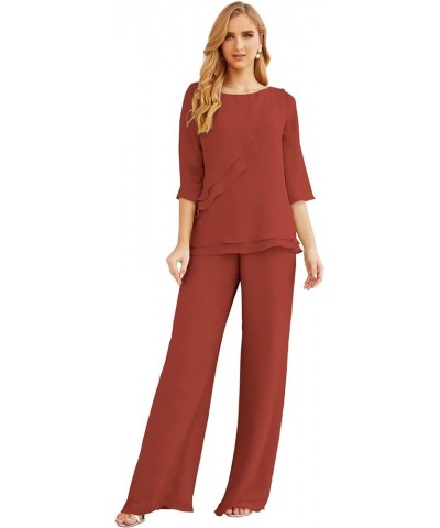 Chiffon Mother of The Bride Dress Plus Size Pant Suits Ruffle Layers Rust Red $37.50 Suits