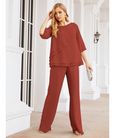 Chiffon Mother of The Bride Dress Plus Size Pant Suits Ruffle Layers Rust Red $37.50 Suits