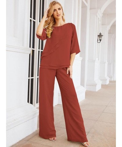 Chiffon Mother of The Bride Dress Plus Size Pant Suits Ruffle Layers Rust Red $37.50 Suits