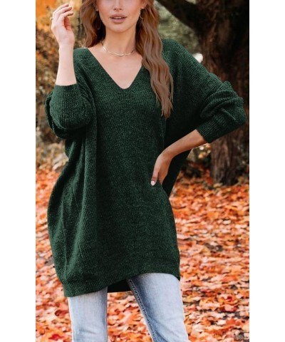 Women's Pullover Sweater Dress Casual Long Sleeve Ribbed Knit V Neck Loose Oversized Sweaters Dresses Dark Green $24.43 Sweaters