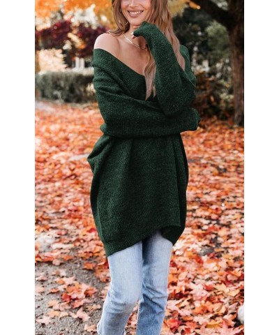 Women's Pullover Sweater Dress Casual Long Sleeve Ribbed Knit V Neck Loose Oversized Sweaters Dresses Dark Green $24.43 Sweaters