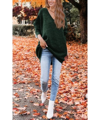 Women's Pullover Sweater Dress Casual Long Sleeve Ribbed Knit V Neck Loose Oversized Sweaters Dresses Dark Green $24.43 Sweaters