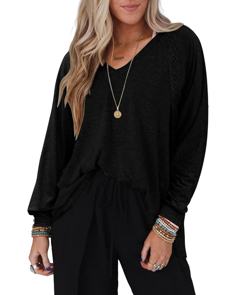 Women Long Sleeve V Neck Oversize Blouses Trendy Loose Lace Sleeves Casual Fall Tunic Tops T Shirt Black $12.50 Blouses