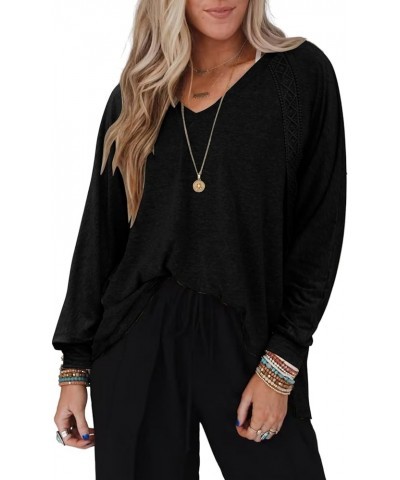 Women Long Sleeve V Neck Oversize Blouses Trendy Loose Lace Sleeves Casual Fall Tunic Tops T Shirt Black $12.50 Blouses