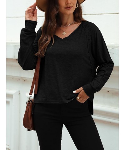 Women Long Sleeve V Neck Oversize Blouses Trendy Loose Lace Sleeves Casual Fall Tunic Tops T Shirt Black $12.50 Blouses