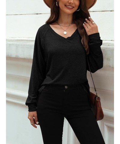 Women Long Sleeve V Neck Oversize Blouses Trendy Loose Lace Sleeves Casual Fall Tunic Tops T Shirt Black $12.50 Blouses