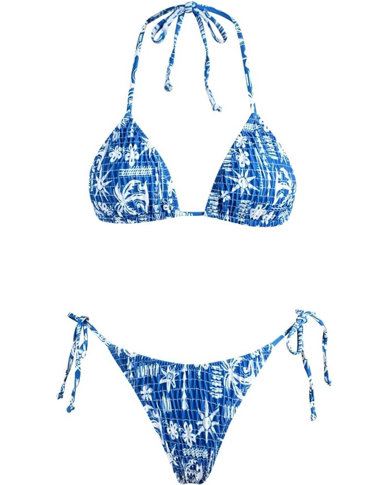 Women's Triangle Bikini String Swimsuit Print Tie Smocked Ruched Two Piece Bathing Suit Set Navy Tree-str $20.51 Swimsuits