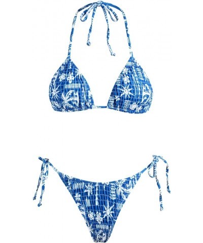 Women's Triangle Bikini String Swimsuit Print Tie Smocked Ruched Two Piece Bathing Suit Set Navy Tree-str $20.51 Swimsuits