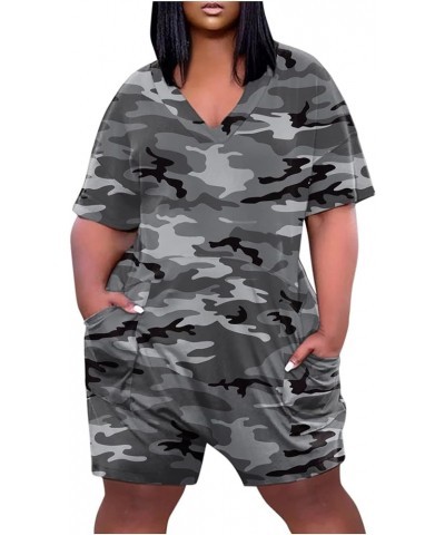 Womens Plus Size V Neck Romper Cute Loose Short Sleeve Solid Jumpsuits Summer Casual Pockets Wide Leg Overalls Gray-1 $5.21 O...