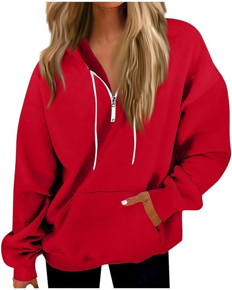 Quarter Zip Hoodies for Women Fall Winter Oversized Sweatshirts Teen Girl Pullover with Pocket C-red $11.97 Hoodies & Sweatsh...