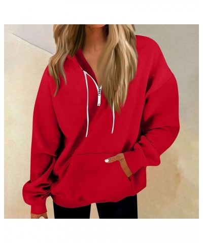 Quarter Zip Hoodies for Women Fall Winter Oversized Sweatshirts Teen Girl Pullover with Pocket C-red $11.97 Hoodies & Sweatsh...