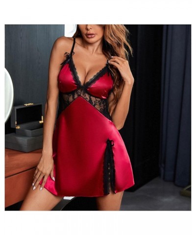 Womens Pajamas, Satin Lingerie Dress for Women Deep V Neck Hollow Out Lace Spaghetti Strap Sleep Lounge Dress Gift Wine $5.82...