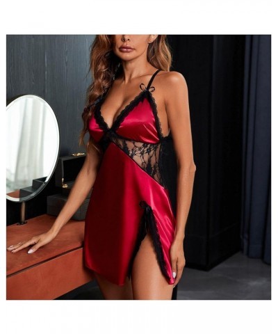 Womens Pajamas, Satin Lingerie Dress for Women Deep V Neck Hollow Out Lace Spaghetti Strap Sleep Lounge Dress Gift Wine $5.82...