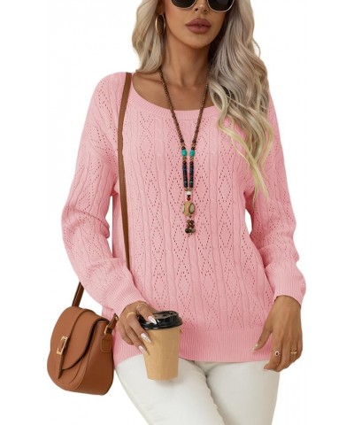 Women's Long Sleeve Sweater Tops Crew Neck Cable Knit Casual Pullover Shirt Light Pink $10.50 Sweaters