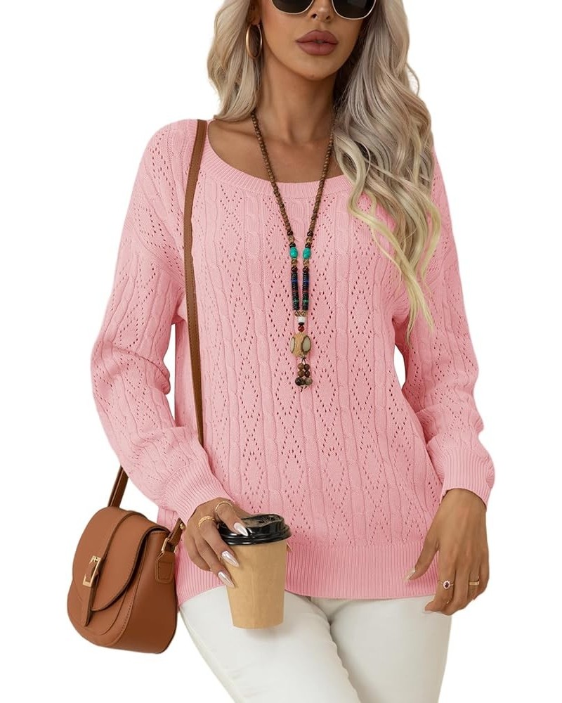 Women's Long Sleeve Sweater Tops Crew Neck Cable Knit Casual Pullover Shirt Light Pink $10.50 Sweaters