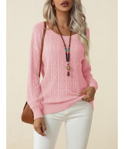 Women's Long Sleeve Sweater Tops Crew Neck Cable Knit Casual Pullover Shirt Light Pink $10.50 Sweaters