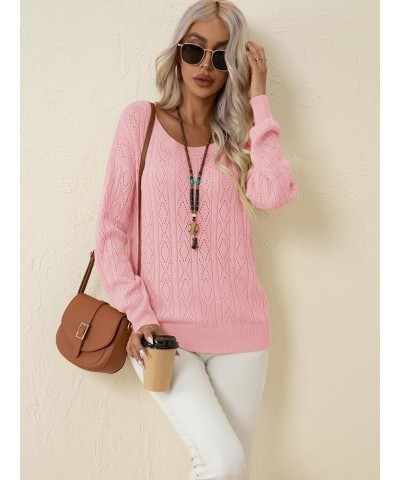 Women's Long Sleeve Sweater Tops Crew Neck Cable Knit Casual Pullover Shirt Light Pink $10.50 Sweaters