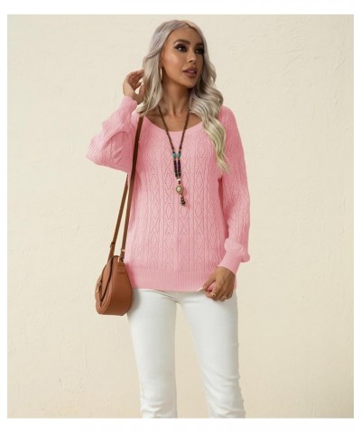 Women's Long Sleeve Sweater Tops Crew Neck Cable Knit Casual Pullover Shirt Light Pink $10.50 Sweaters