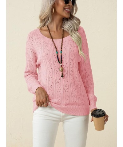 Women's Long Sleeve Sweater Tops Crew Neck Cable Knit Casual Pullover Shirt Light Pink $10.50 Sweaters