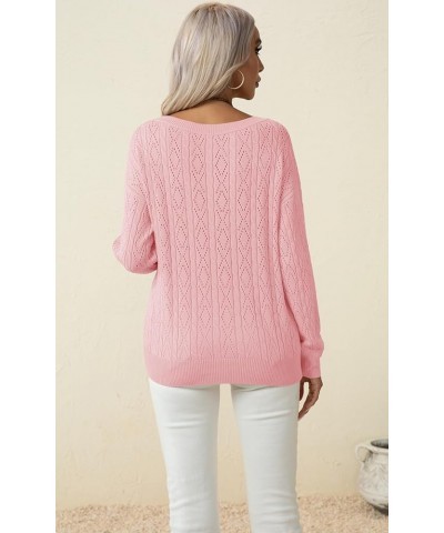 Women's Long Sleeve Sweater Tops Crew Neck Cable Knit Casual Pullover Shirt Light Pink $10.50 Sweaters