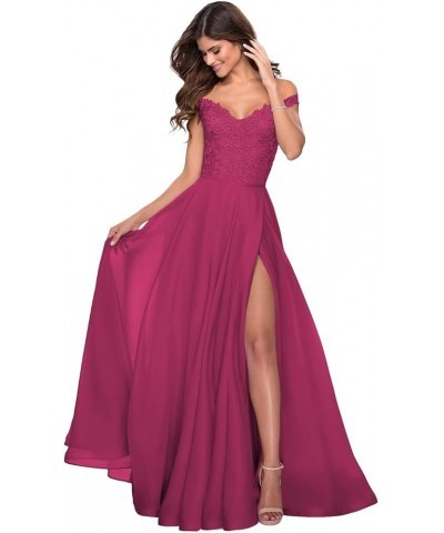 Lace Applique Bridesmaid Dresses Off Shoulder Chiffon Wedding Prom Evening Party Dress Long Formal Gown Slit Fuchsia $46.71 D...