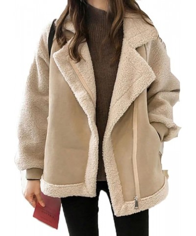 Women Fur Coat Thick Winter Jacket with Pockets Sherpa Motorcycle Jacket Beige $23.72 Coats