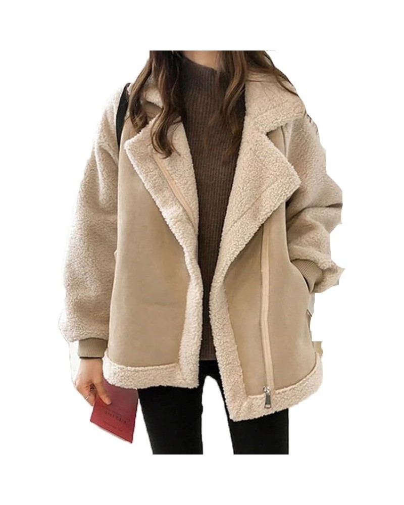 Women Fur Coat Thick Winter Jacket with Pockets Sherpa Motorcycle Jacket Beige $23.72 Coats