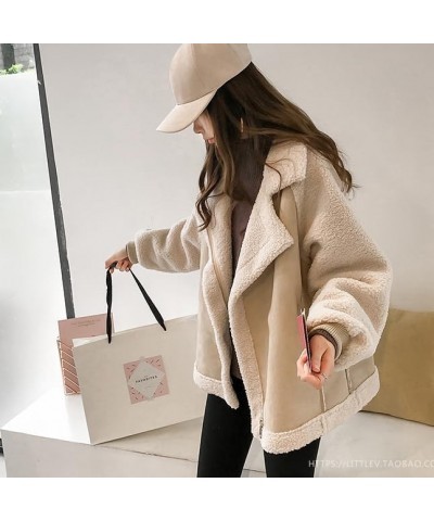 Women Fur Coat Thick Winter Jacket with Pockets Sherpa Motorcycle Jacket Beige $23.72 Coats