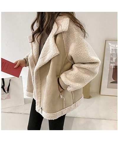 Women Fur Coat Thick Winter Jacket with Pockets Sherpa Motorcycle Jacket Beige $23.72 Coats