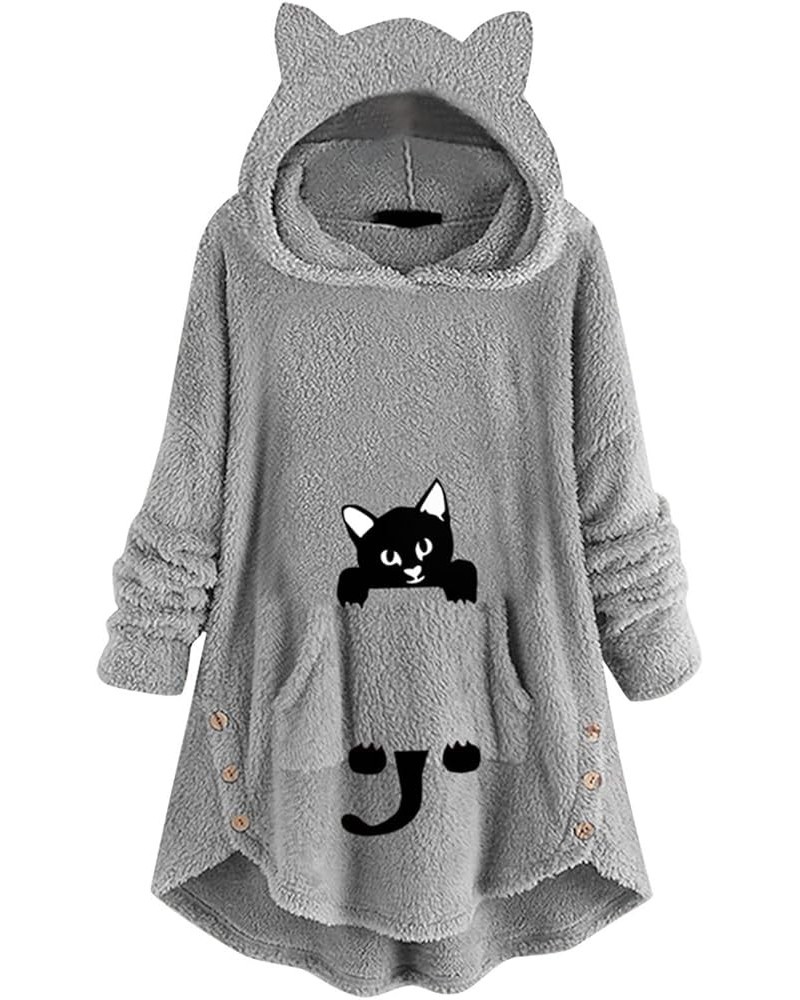 Women's Fuzzy Fleece Pullover Hoodie with Cat Ear Sherpa Oversized Hooded Sweatshirts Cute Pocket Winter Warm Coats Gray $10....