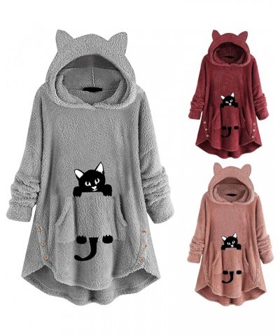 Women's Fuzzy Fleece Pullover Hoodie with Cat Ear Sherpa Oversized Hooded Sweatshirts Cute Pocket Winter Warm Coats Gray $10....