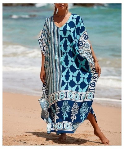 Women's Geo Printed V Neck Rayon Caftans Drawstring Long Swim Cover Up Dresses Slit Beach Maxi Kaftans Navy Blue $12.90 Swims...