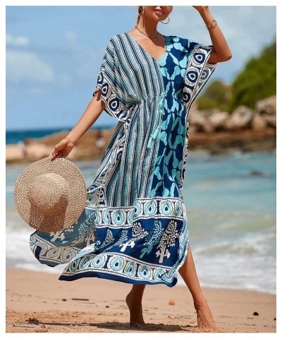 Women's Geo Printed V Neck Rayon Caftans Drawstring Long Swim Cover Up Dresses Slit Beach Maxi Kaftans Navy Blue $12.90 Swims...