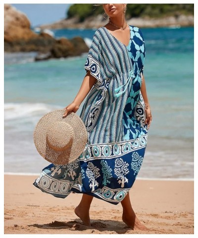 Women's Geo Printed V Neck Rayon Caftans Drawstring Long Swim Cover Up Dresses Slit Beach Maxi Kaftans Navy Blue $12.90 Swims...