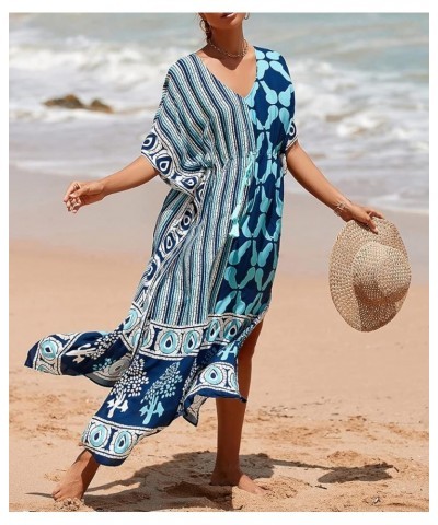 Women's Geo Printed V Neck Rayon Caftans Drawstring Long Swim Cover Up Dresses Slit Beach Maxi Kaftans Navy Blue $12.90 Swims...