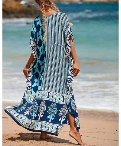 Women's Geo Printed V Neck Rayon Caftans Drawstring Long Swim Cover Up Dresses Slit Beach Maxi Kaftans Navy Blue $12.90 Swims...