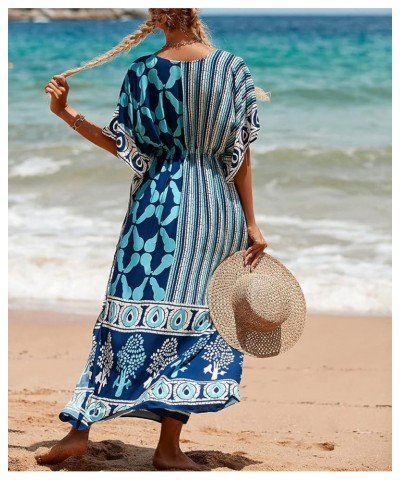 Women's Geo Printed V Neck Rayon Caftans Drawstring Long Swim Cover Up Dresses Slit Beach Maxi Kaftans Navy Blue $12.90 Swims...