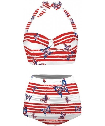 Womens Two Piece Swimsuits High Waisted Bikini Set Tummy Control Halter Ruched Bathing Suits White Stripes Butterfly $14.84 S...