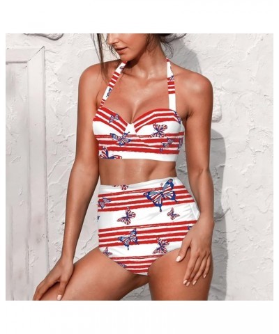 Womens Two Piece Swimsuits High Waisted Bikini Set Tummy Control Halter Ruched Bathing Suits White Stripes Butterfly $14.84 S...