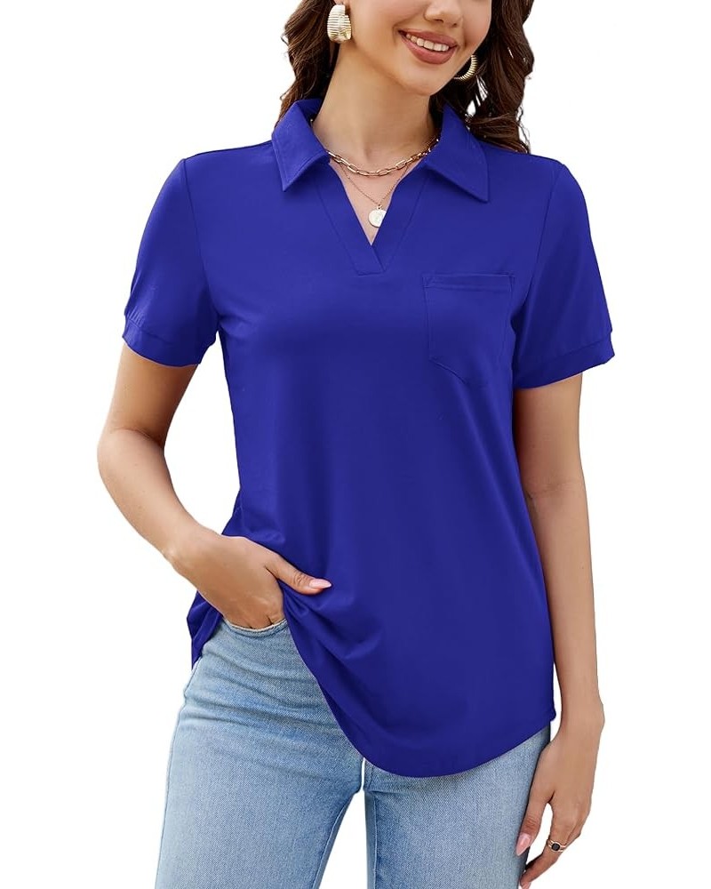 Womens Business Casual Tops Collared V Neck Office Work Shirts Dressy Loose Fit Tunic Blouses (S-3XL) A-short Sleeve Royal Bl...