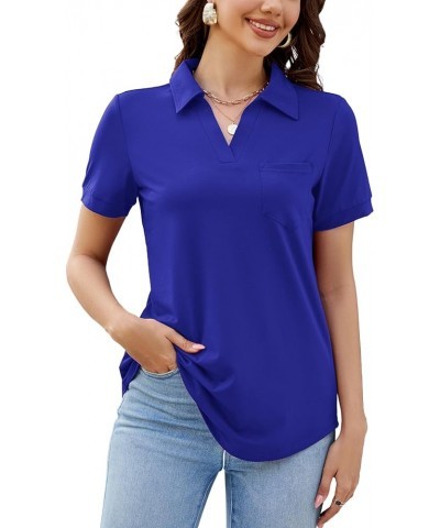 Womens Business Casual Tops Collared V Neck Office Work Shirts Dressy Loose Fit Tunic Blouses (S-3XL) A-short Sleeve Royal Bl...