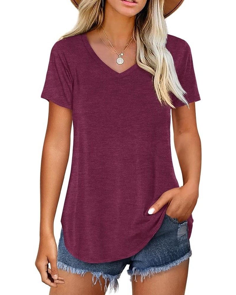 Women V Neck T-Shirt Casual Short Sleeve Plain Tee Shirts Blouses F:burgundy $10.82 Tops